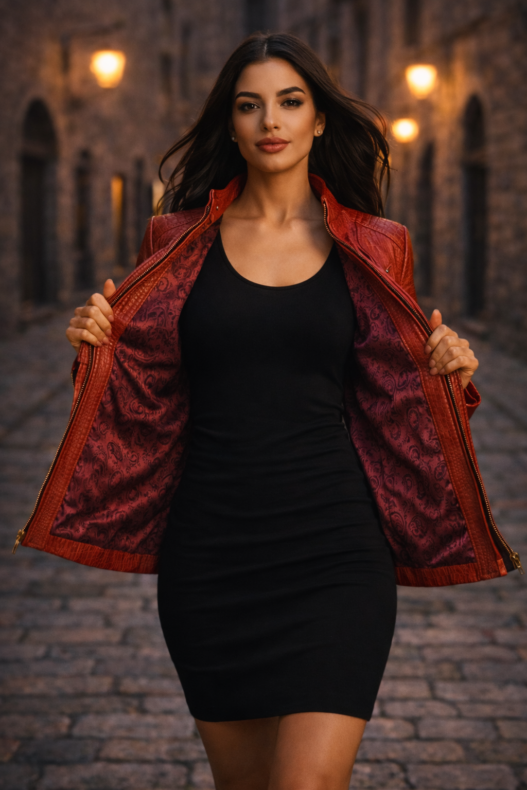 Women’s Croc-Print Leather Jacket in Fiery Red