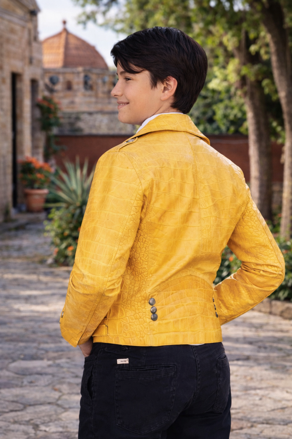 Kids Yellow Crocodile-Embossed Leather Biker Jacket