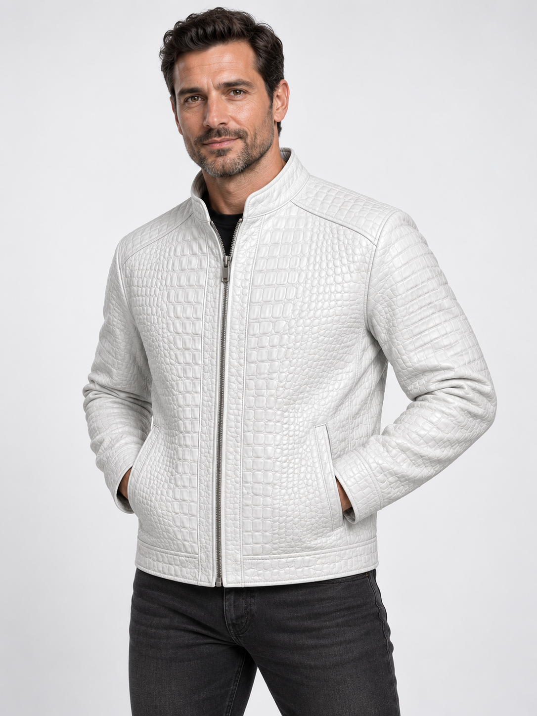 White Crocodile Embossed Leather Jacket