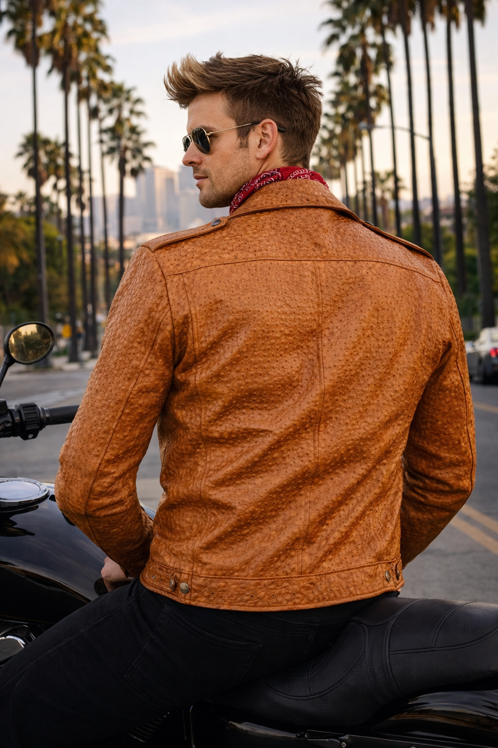 Men's Cognac Ostrich-Textured Leather Moto Jacket detail — Houston TX