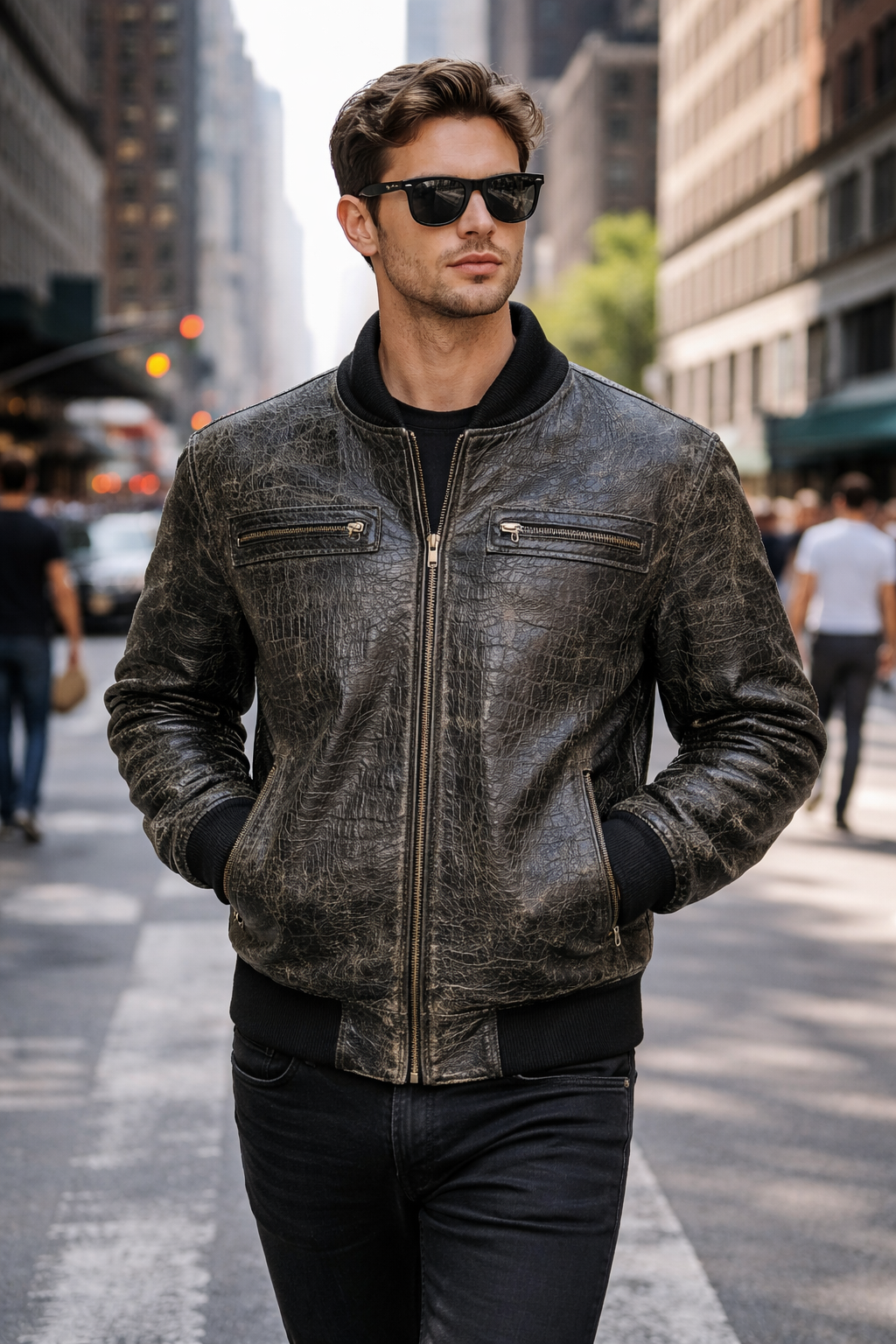 Men's Crocodile Embossed Leather Jacket – Distressed, Vintage Bomber Style
