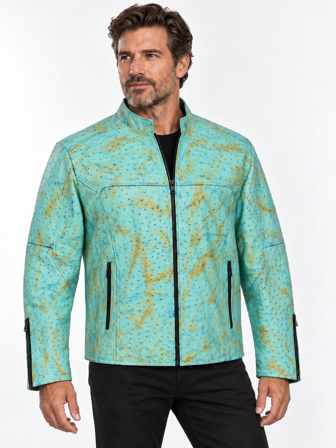Men's Ostrich Leather Jacket – Bold Quill Texture - Aqua Sky