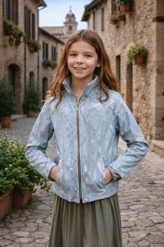 Kids Light Blue Snake-Texture Zip-Up Leather Jacket – Girls