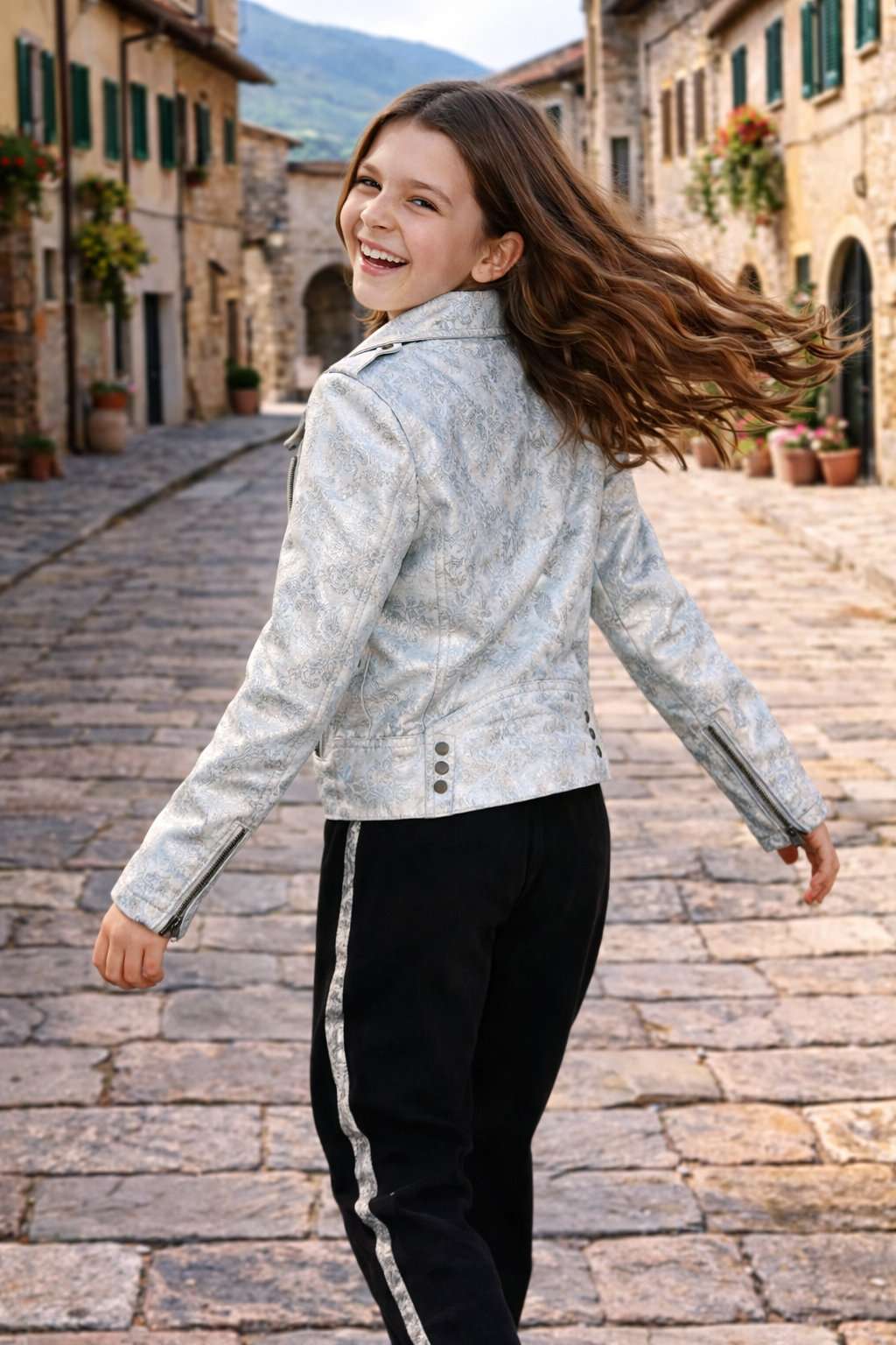 Kids Light Metallic Leather Jacket – Delicate Lace-Pattern Design