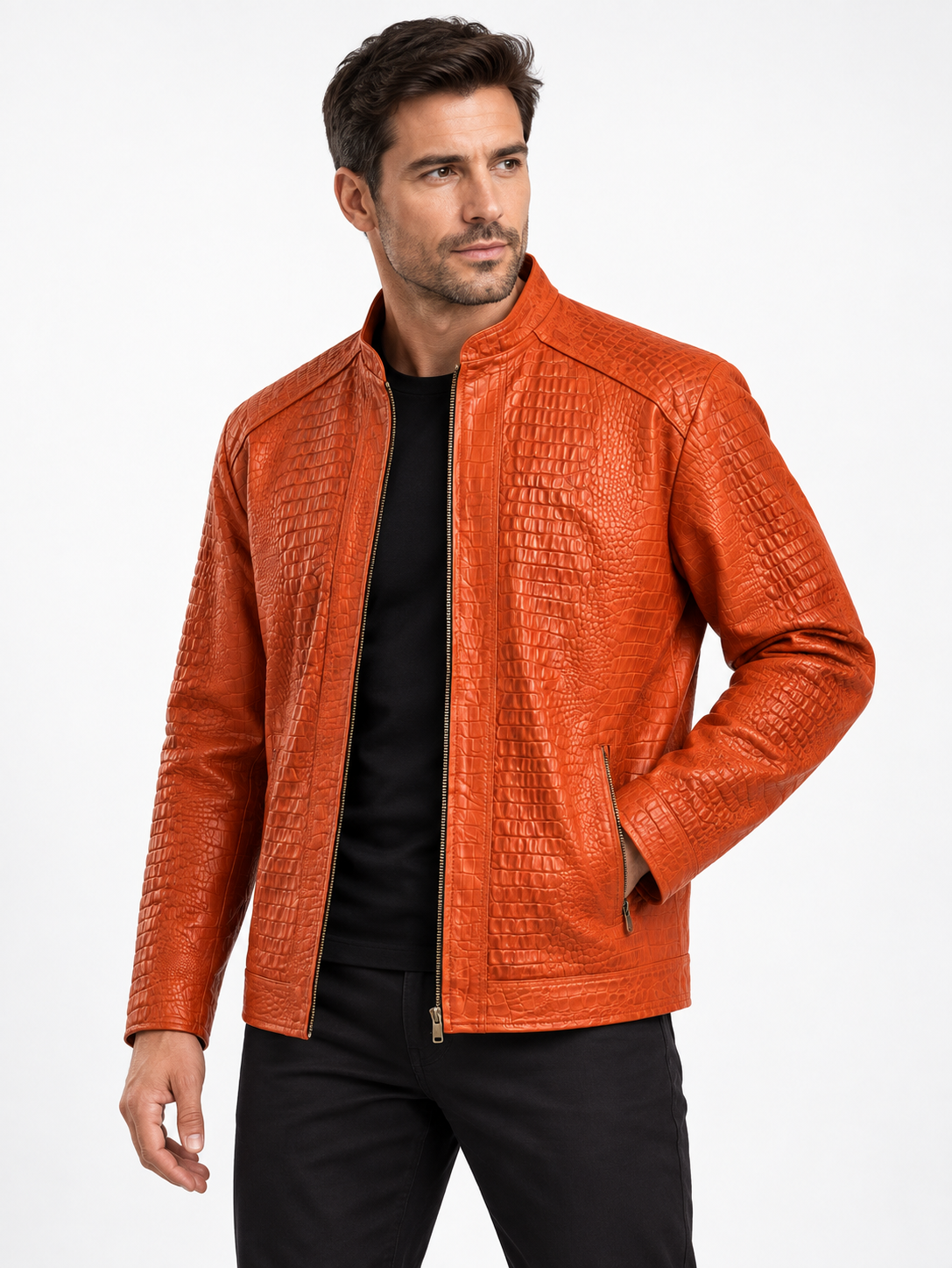 Men's Crocodile-Embossed Zip-Up Jacket in Sunset Orange