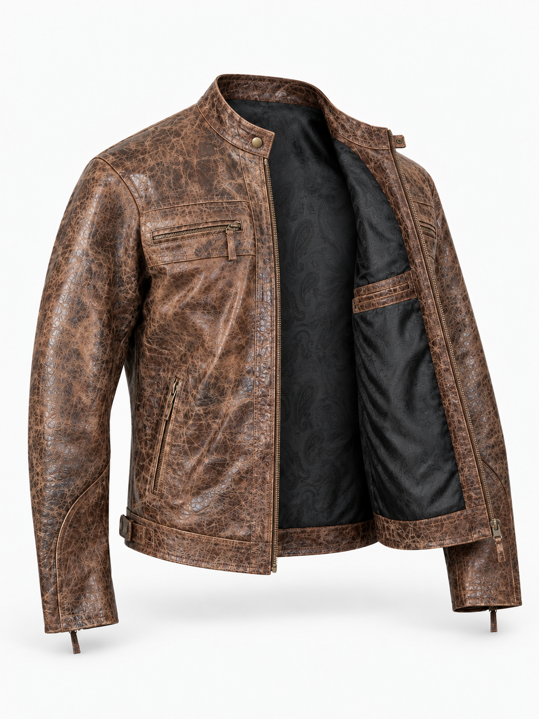 Men's Burnished Effect Leather Rider Jacket – Distressed Gloss Brown Finish