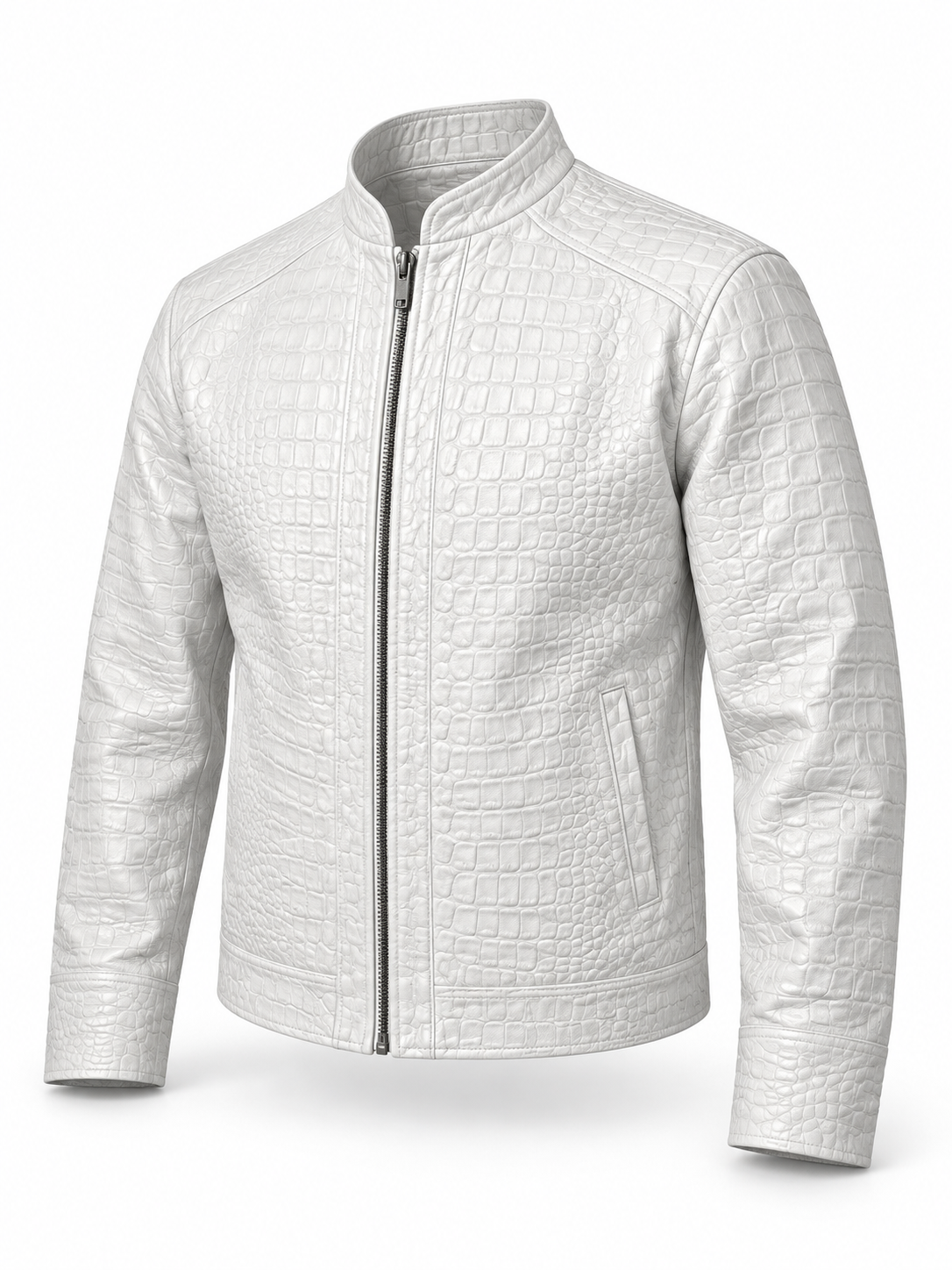 White Crocodile Embossed Leather Jacket