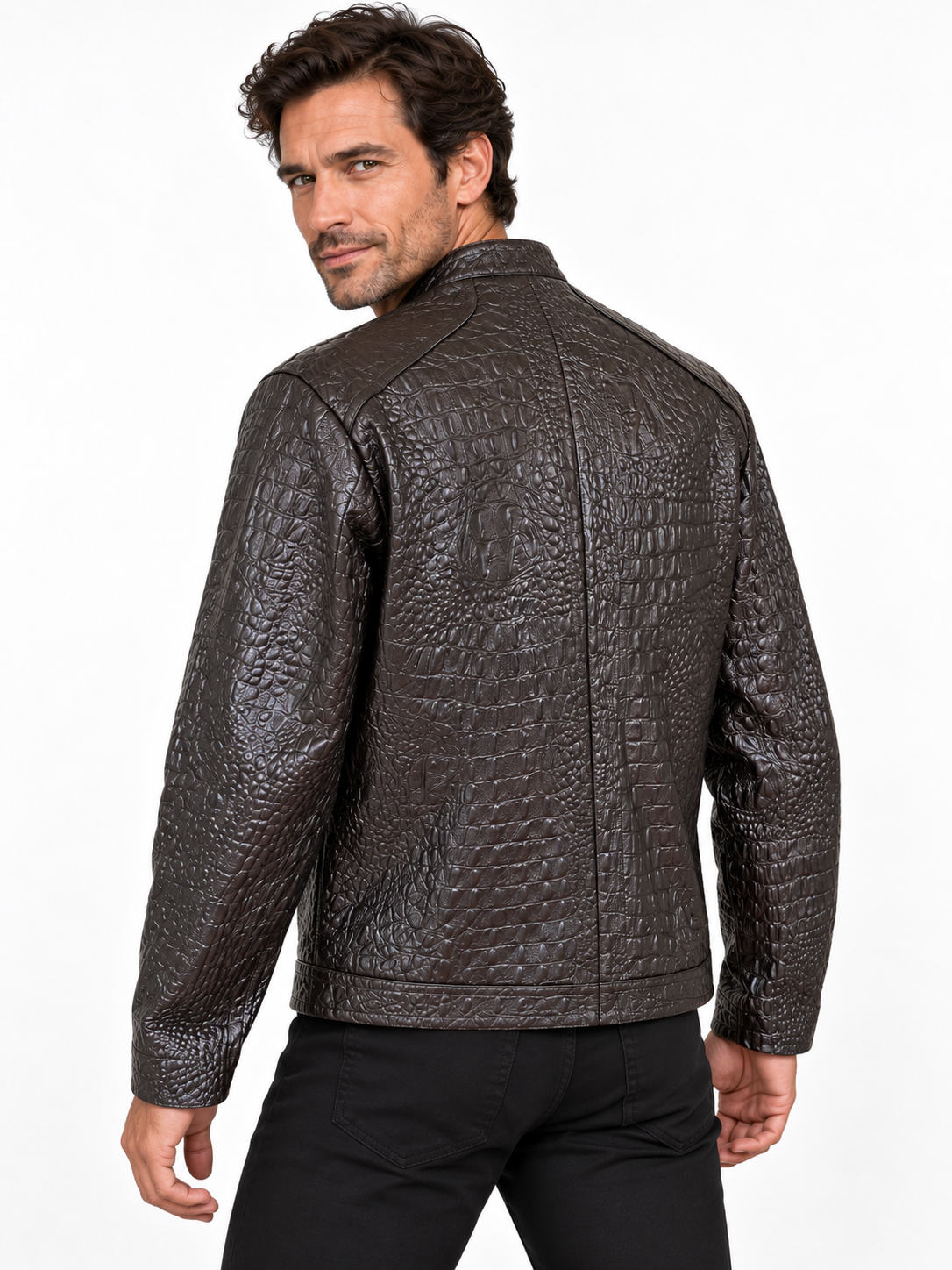 Men’s Crocodile Embossed Leather Jacket – Handcrafted Brown Rider