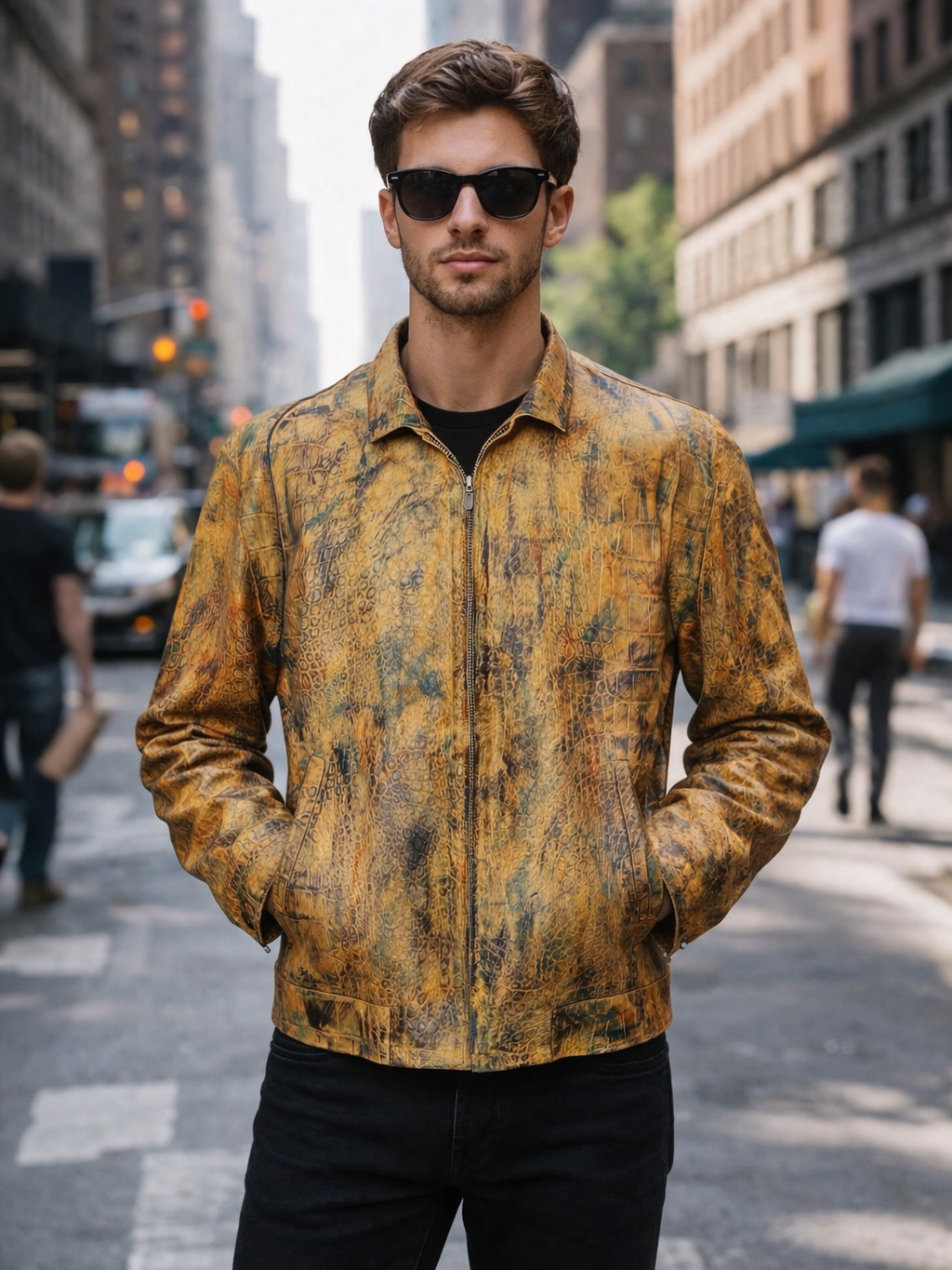 Men's Golden Reptile Leather Bomber Jacket for Men