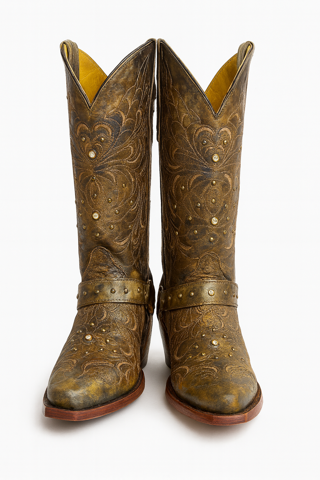 Distressed Western Leather Boots with Studs & Embroidery
