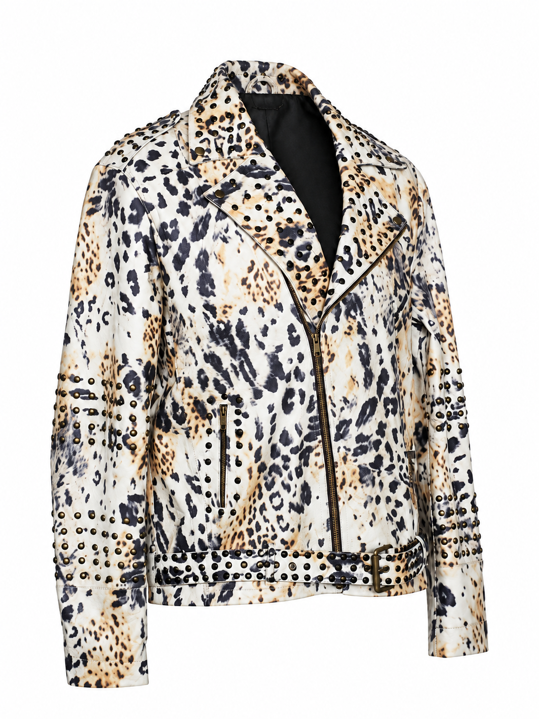 Men's Leopard-Pattern Leather Jacket with Stud Accents