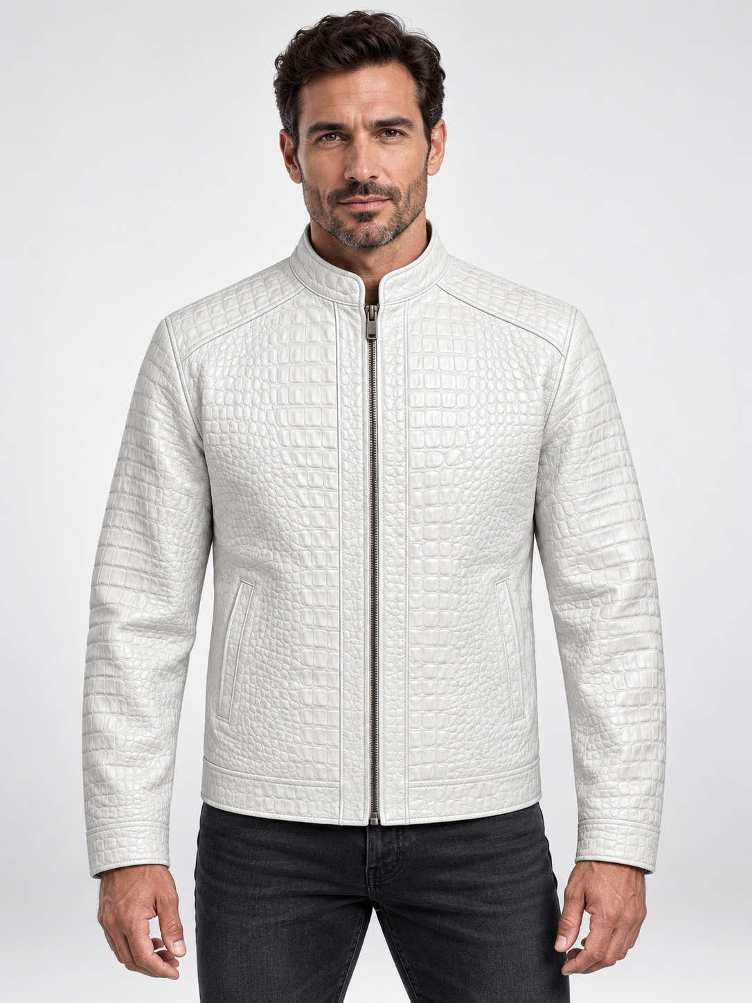 White Crocodile Embossed Leather Jacket
