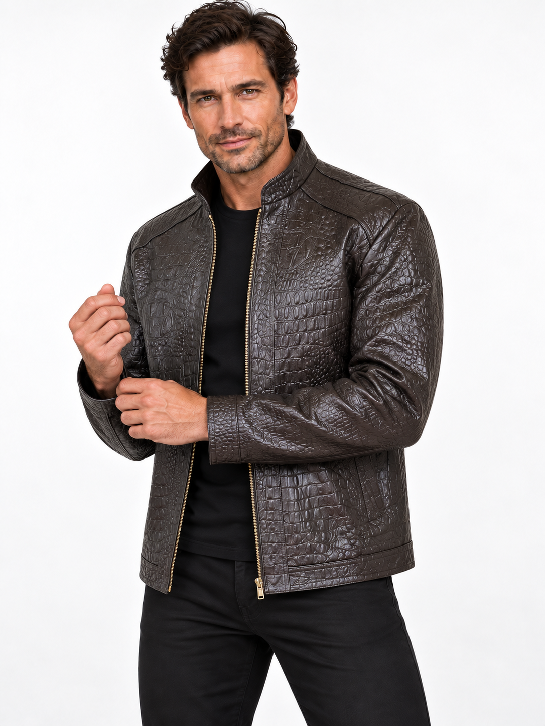Men’s Crocodile Embossed Leather Jacket – Handcrafted Brown Rider
