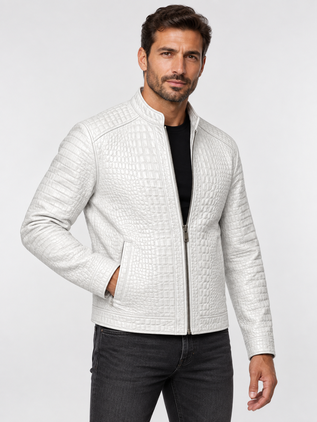 White Crocodile Embossed Leather Jacket