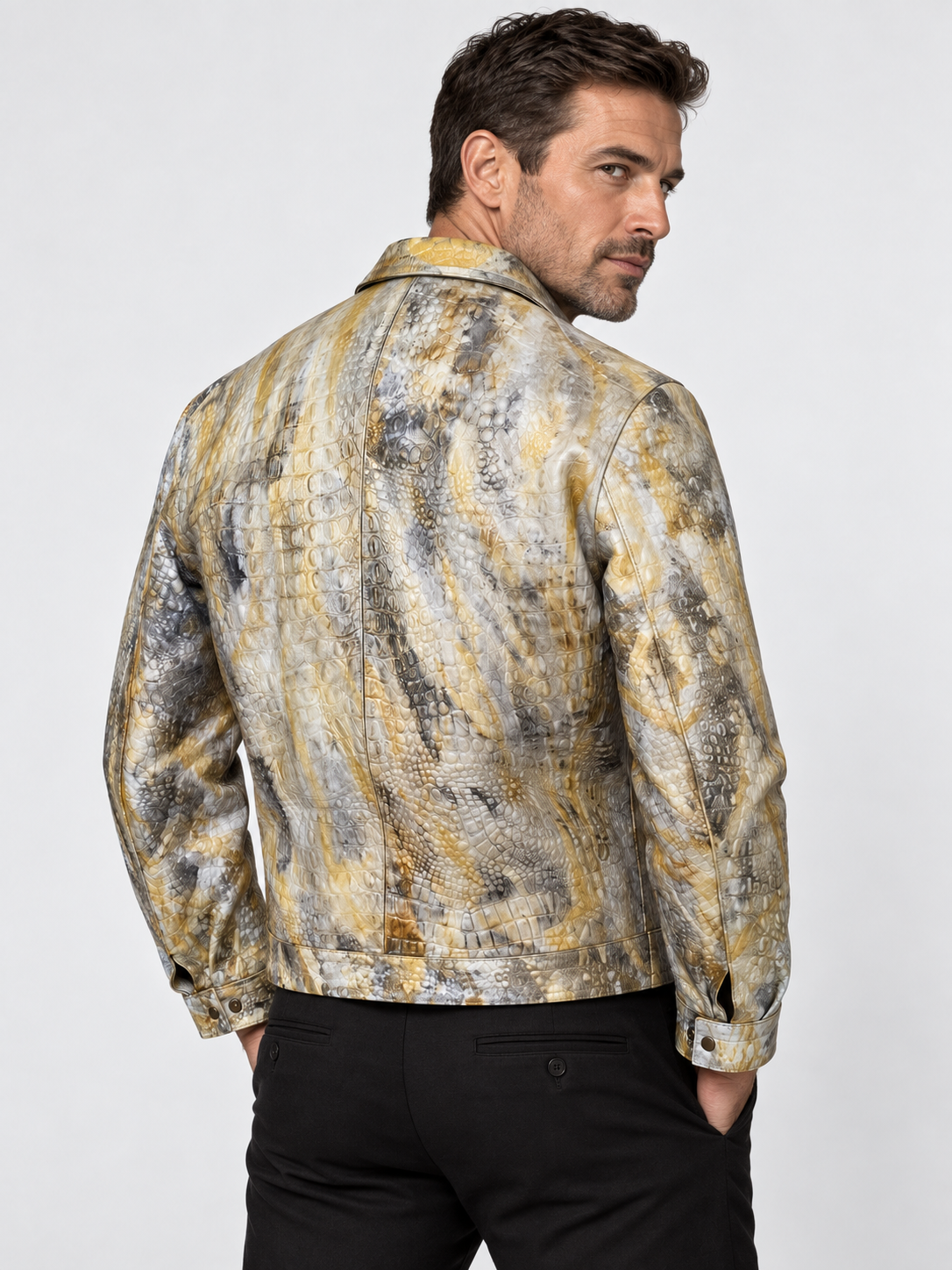 Yellow Crocodile Embossed Leather Jacket for Men – Handcrafted