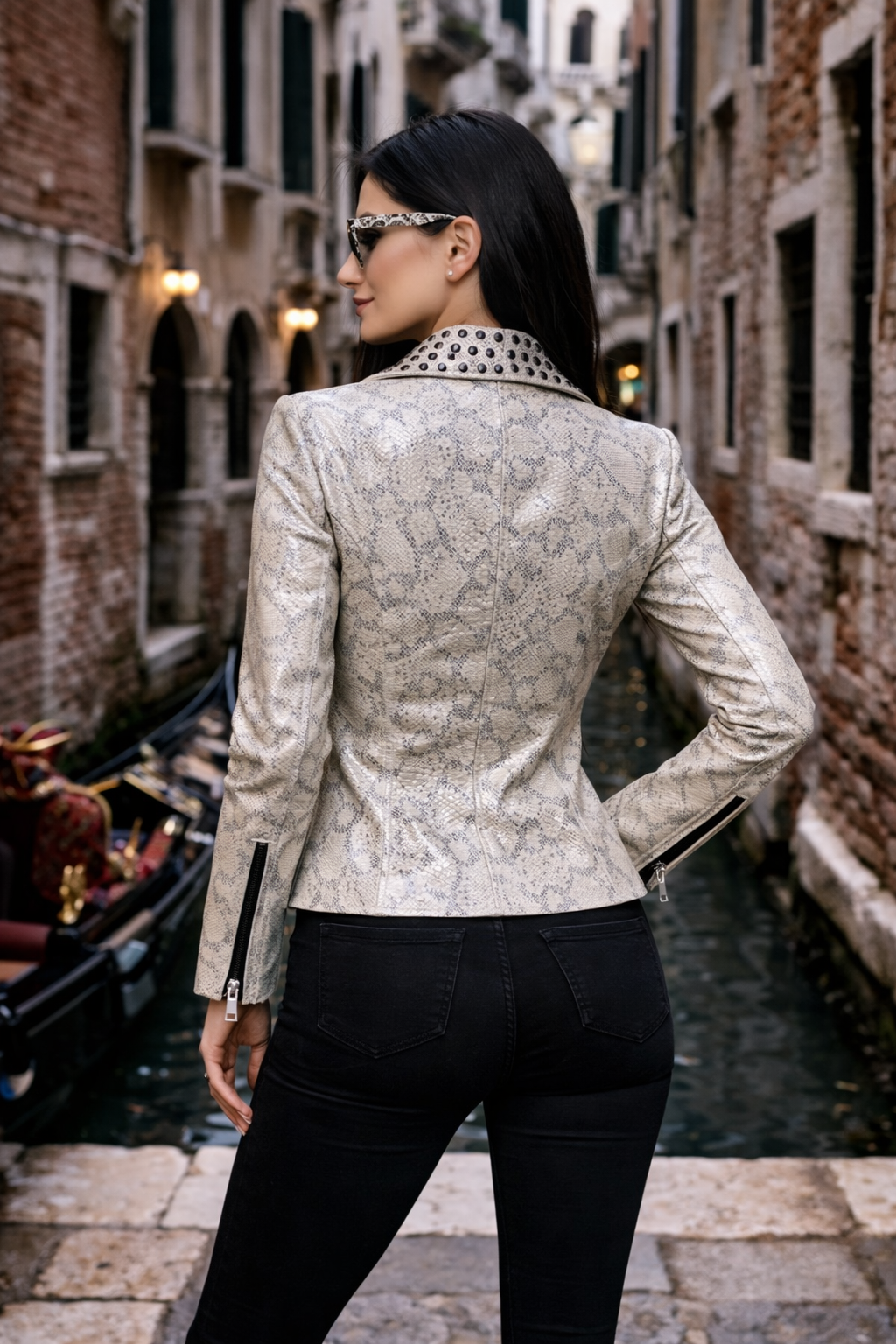 Women's Silver Dust Serpent Jacket – High-Gloss Snake Embossed Leather
