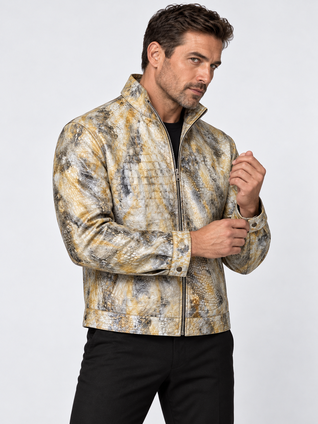 Yellow Crocodile Embossed Leather Jacket for Men – Handcrafted