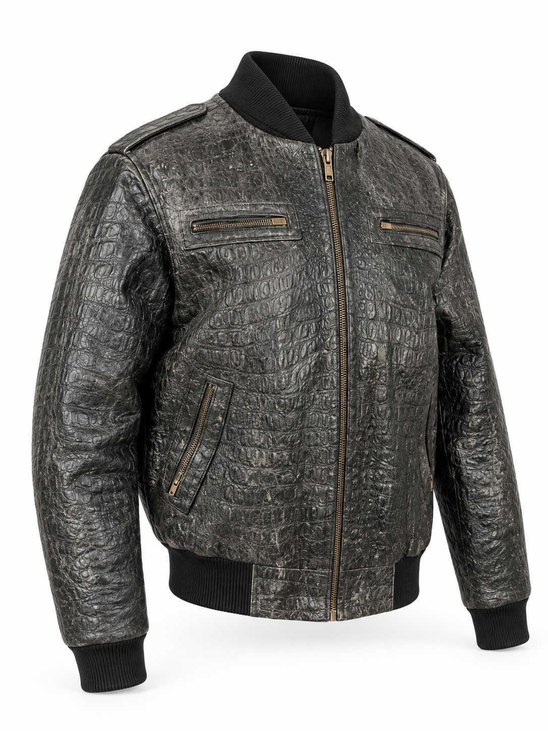 Men's Crocodile Embossed Leather Jacket – Distressed, Vintage Bomber Style
