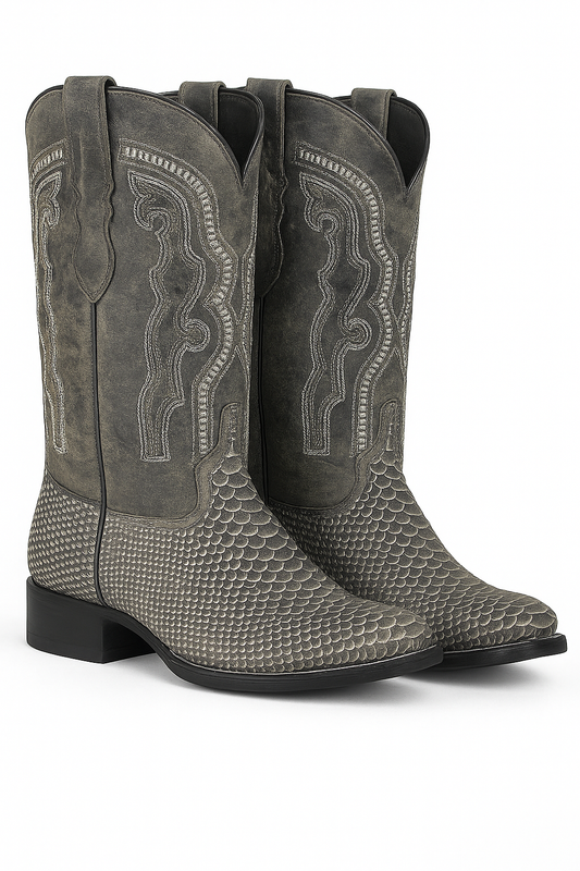 Vintage Gray Embossed Snake-Pattern Cowboy Boots