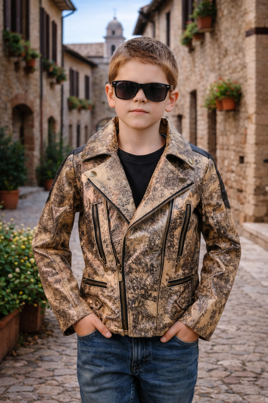 Kids Rockstar Metallic Leather Moto Jacket – Bold Gold Statement Style