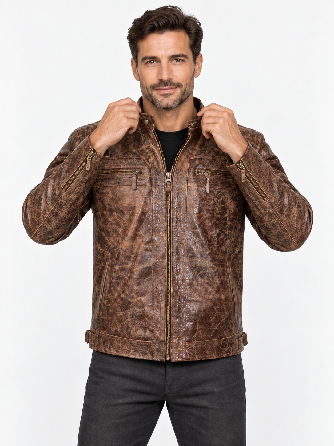 Men's Burnished Effect Leather Rider Jacket – Distressed Gloss Brown Finish
