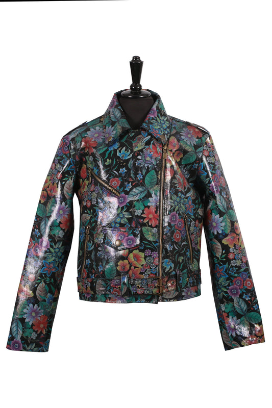 .	Shiny Floral Print Leather Jacket for Kids