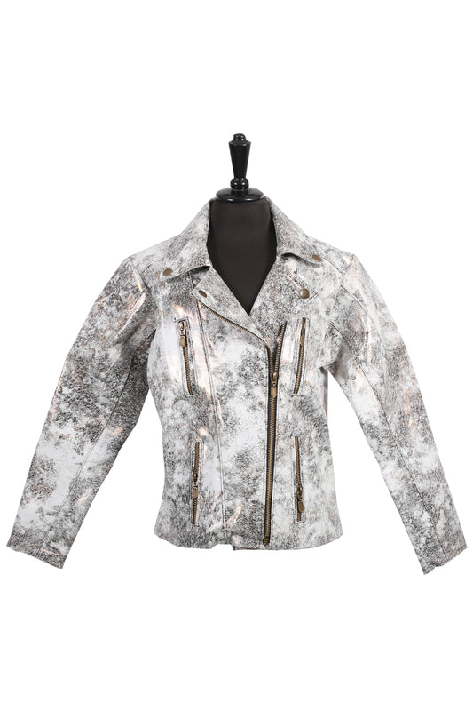 Kids Metallic Marble-Print Leather Biker Jacket