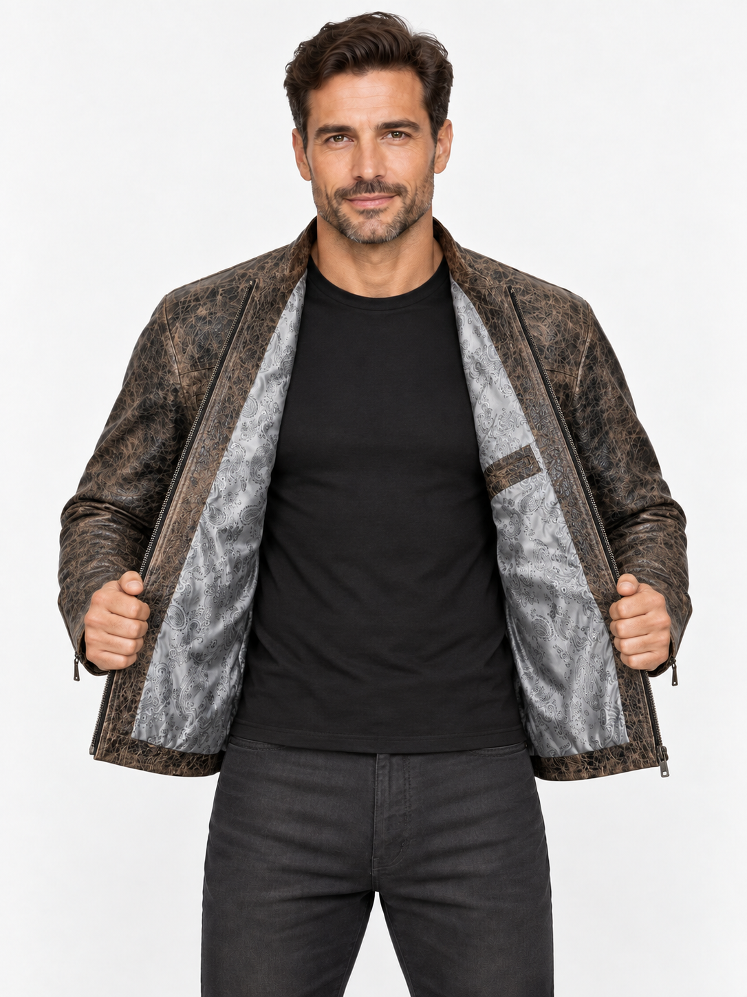 Men's Rustic Charcoal-Brown Leather Moto Jacket – Animal Embossed Finish