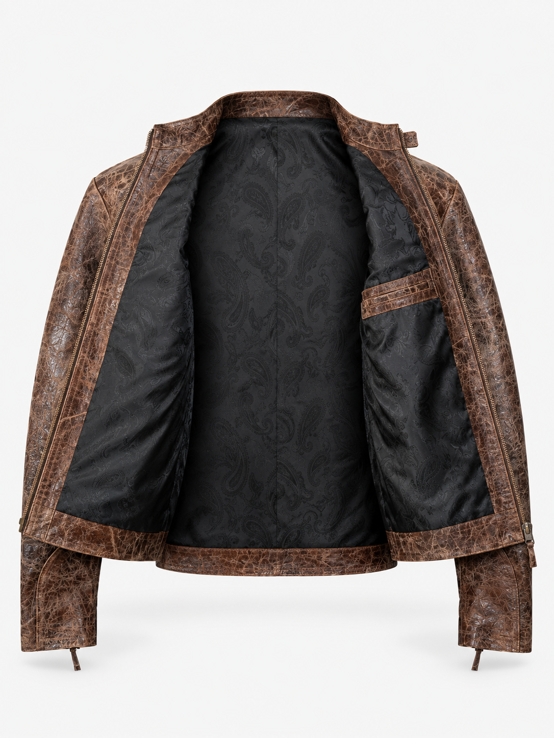 Men's Burnished Effect Leather Rider Jacket – Distressed Gloss Brown Finish