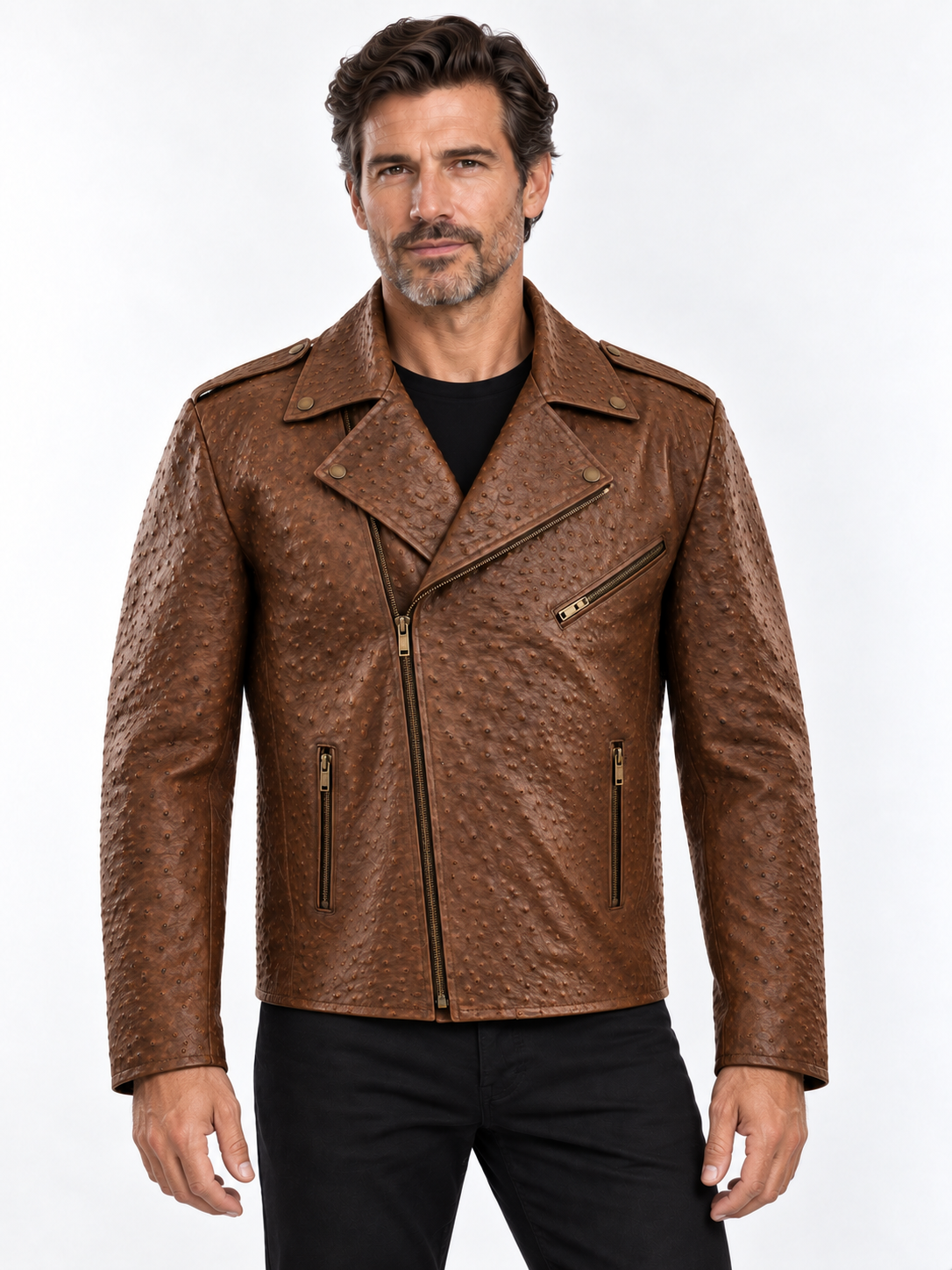 Men's Cognac Ostrich-Textured Leather Moto Jacket