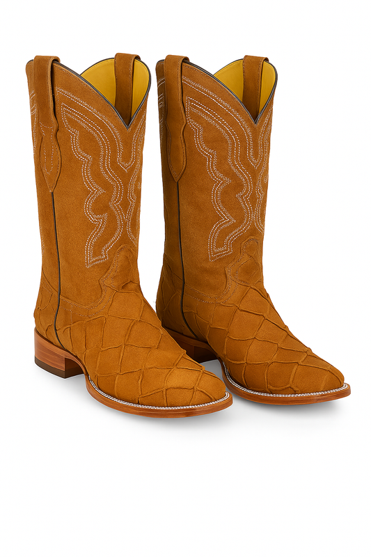 Pirarucu-embossed cowboy boots with leather crafted to look genuine. Premium exotic style and durable Western design.