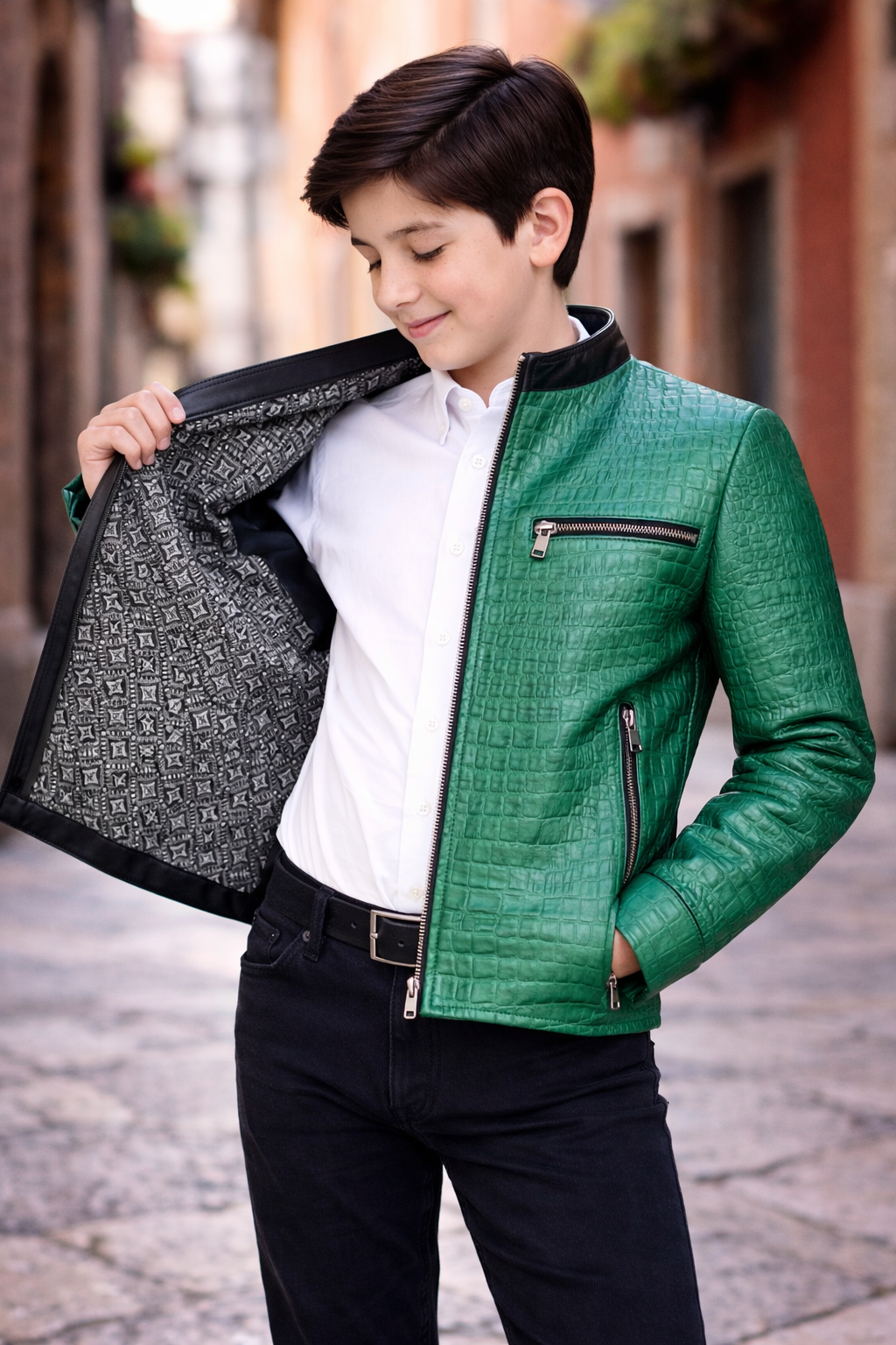 Kids Exotic Pattern Leather Racer Jacket – Emerald Green Croc-Embossed