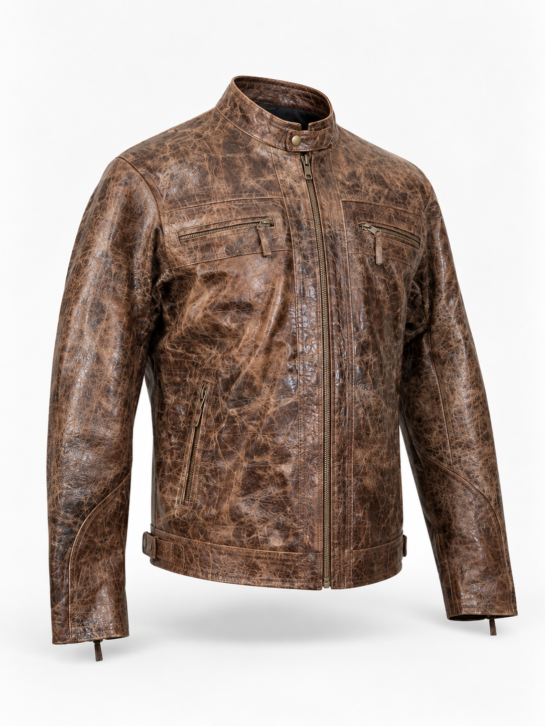 Men's Burnished Effect Leather Rider Jacket – Distressed Gloss Brown Finish