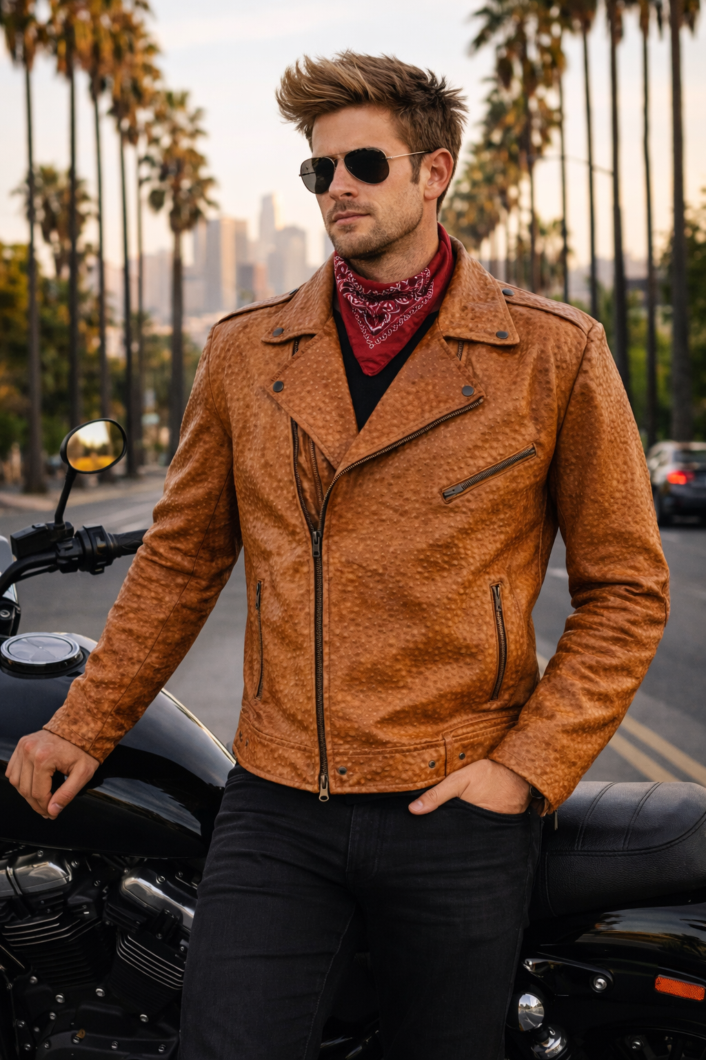 Men's Cognac Ostrich-Textured Leather Moto Jacket front view — Chicago IL