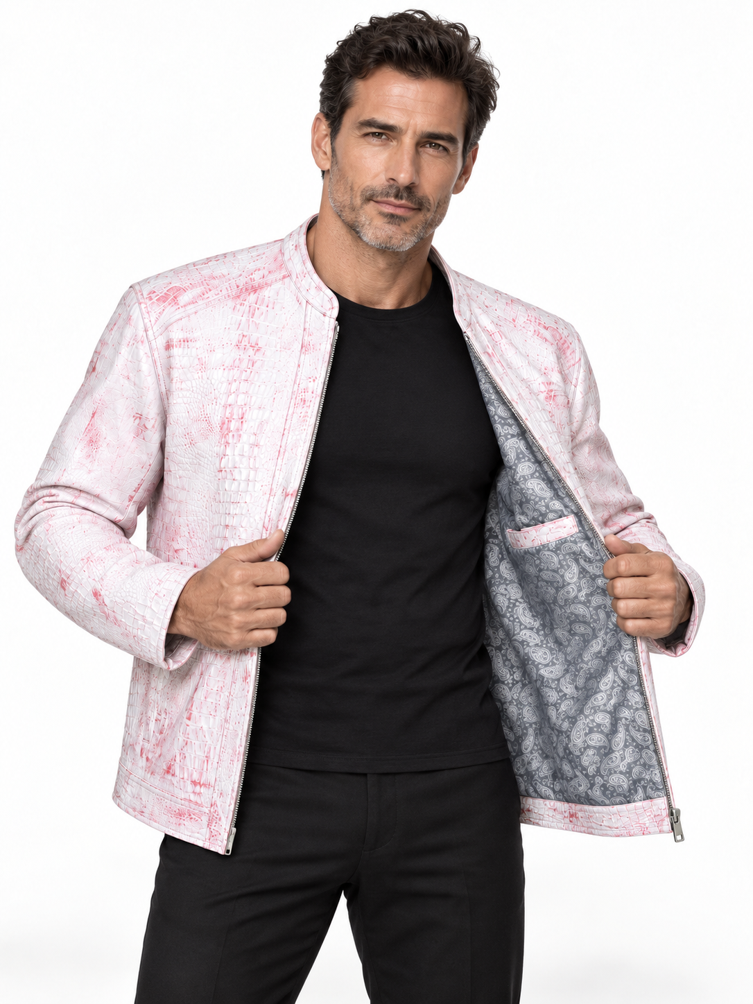 Men's Modern Artisan Crocodile-Embossed Leather Jacket – Blush White