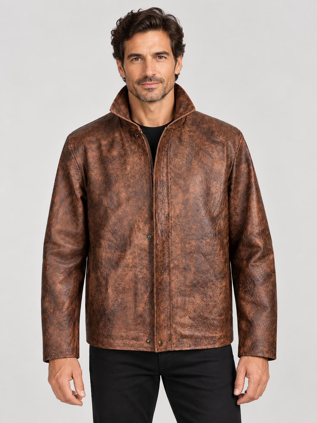 Men's Handcrafted Distressed Brown Leather Jacket — Hand-Finished Color & Texture