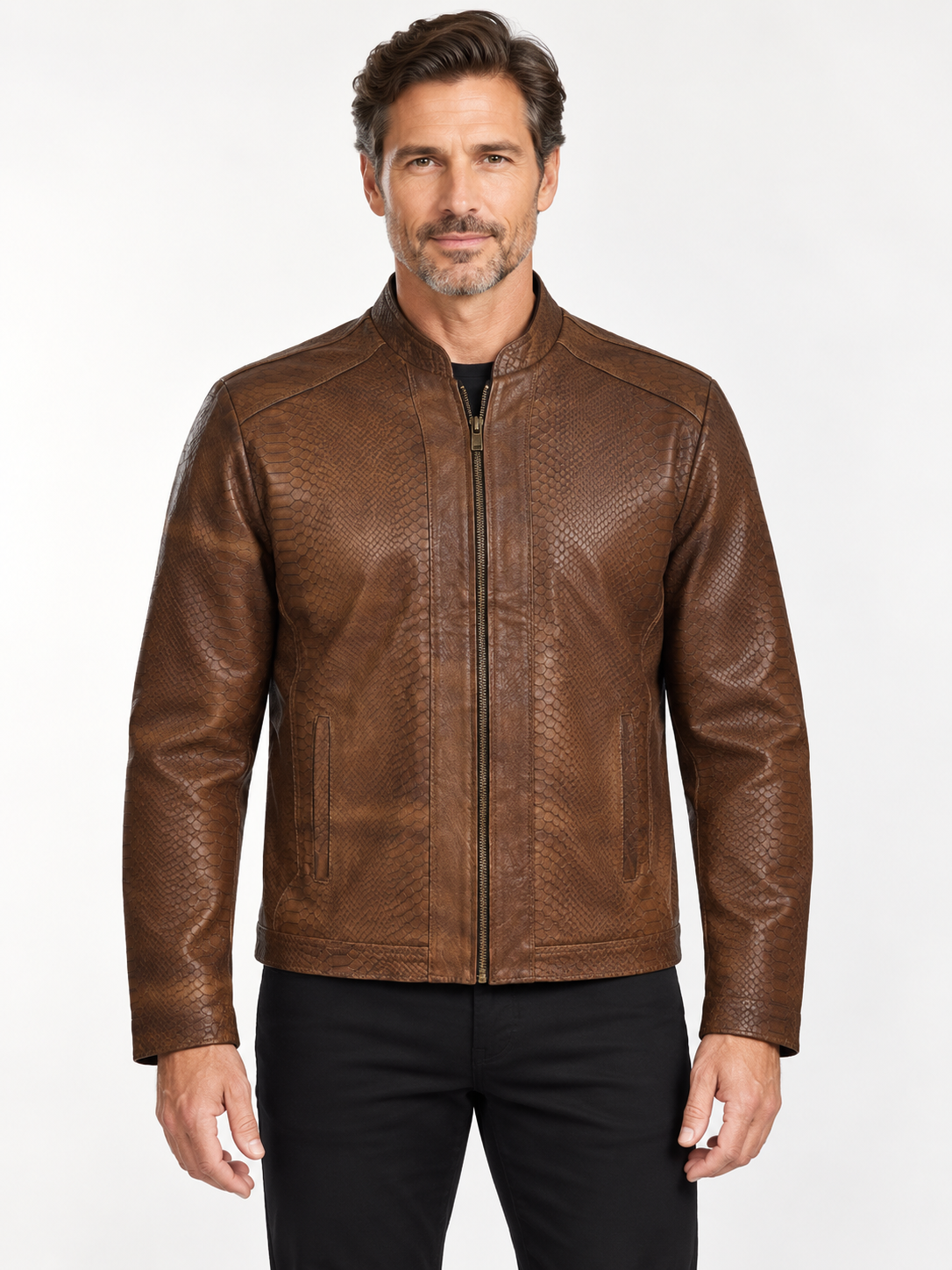 Men's Classic Brown Python-Textured Leather Jacket – Exotic Embossing