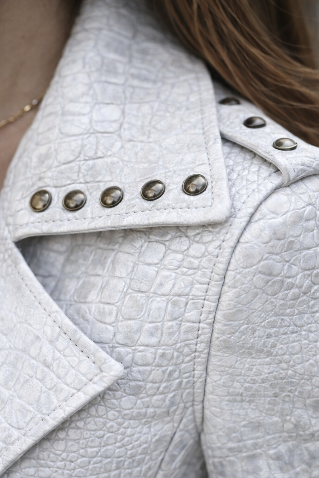 Women's Crocodile Embossed Leather Trench – Studded Detail in Soft Gray