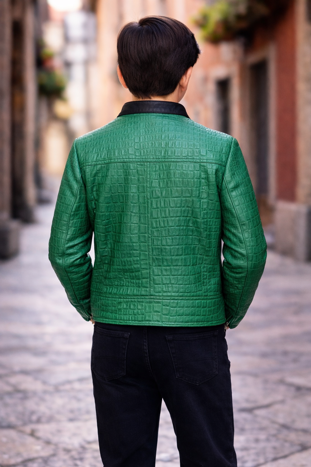 Kids Exotic Pattern Leather Racer Jacket – Emerald Green Croc-Embossed