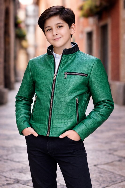 Kids Exotic Pattern Leather Racer Jacket – Emerald Green Croc-Embossed