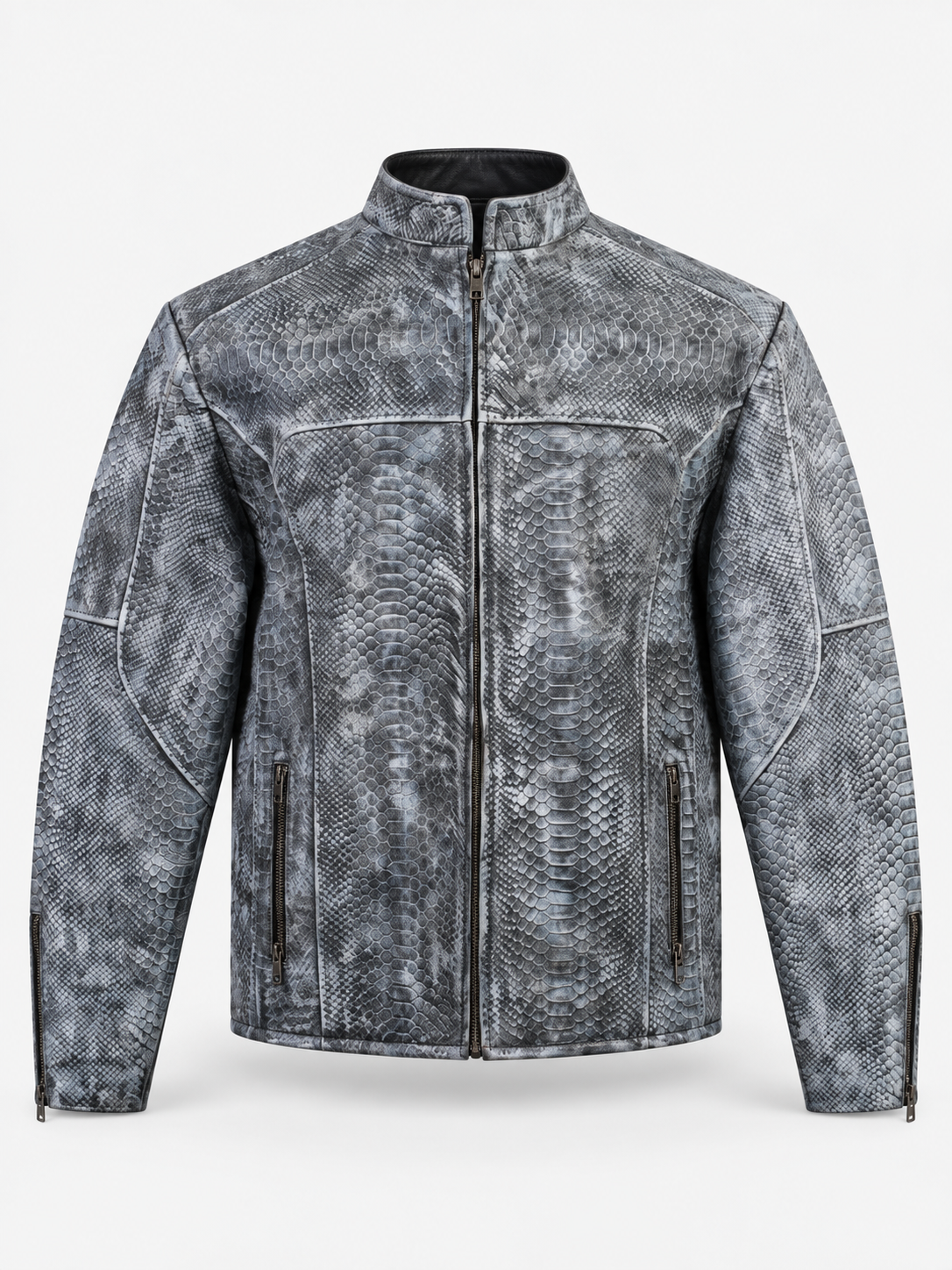 Men's Unique Wash Gray Snake-Embossed Leather Jacket – Artisan Hand-Colored