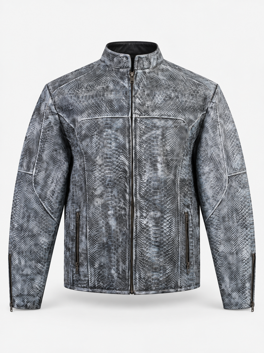 Men's Unique Wash Gray Snake-Embossed Leather Jacket – Artisan Hand-Colored