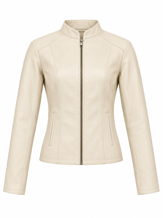 Cropped Fitted Leather Jacket - Cream | Mandarin Collar Zip Jacket for Girls