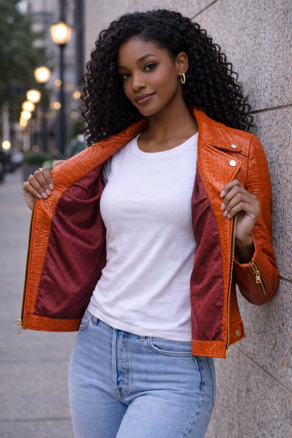 Women's Uptown Cruiser Crocodile-Embossed Leather Jacket in Burnt Orange