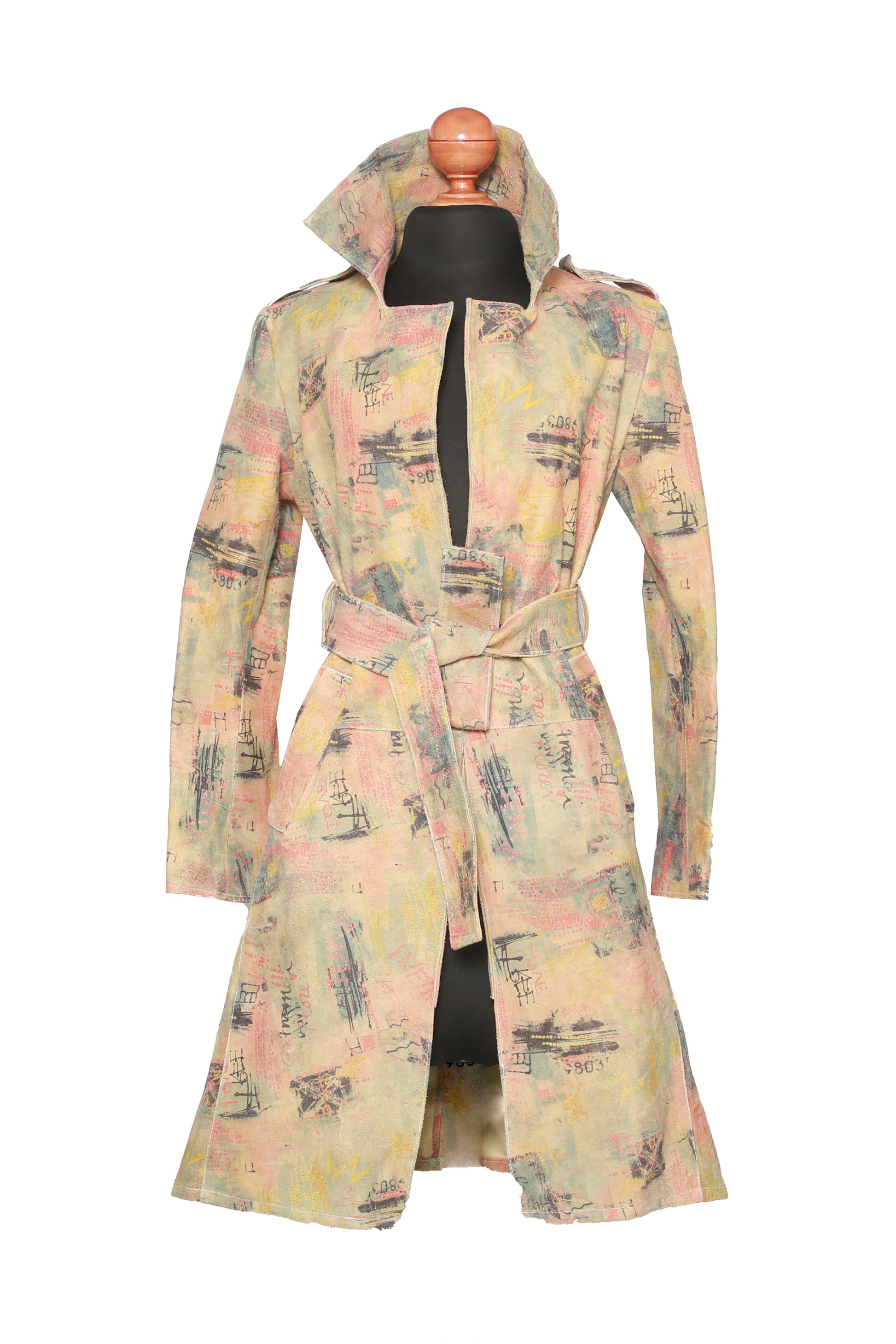 Abstract Brushstroke Print Coat – Multicolor Artistic Leather Trench