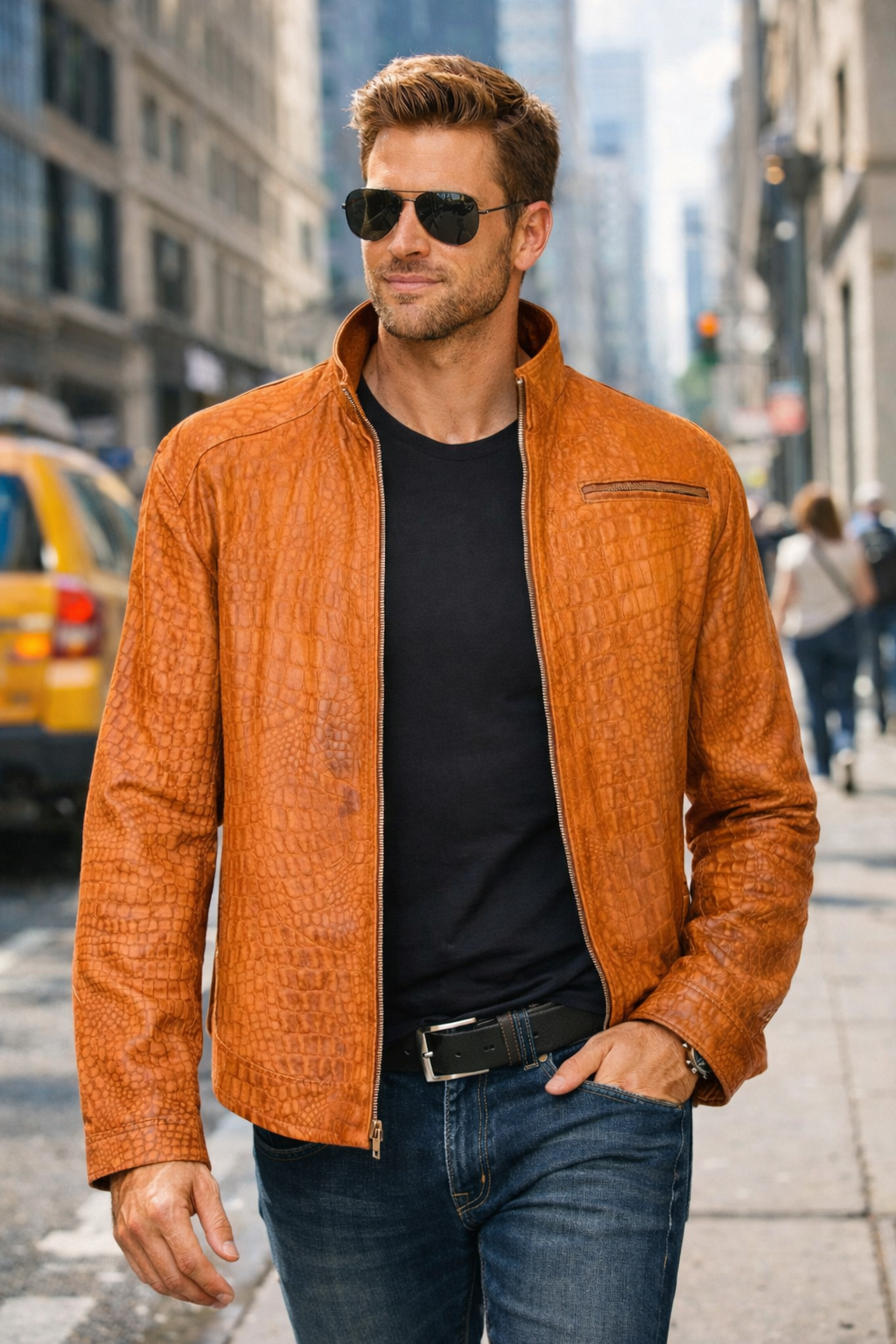 Amber crocodile embossed leather jacket denver
