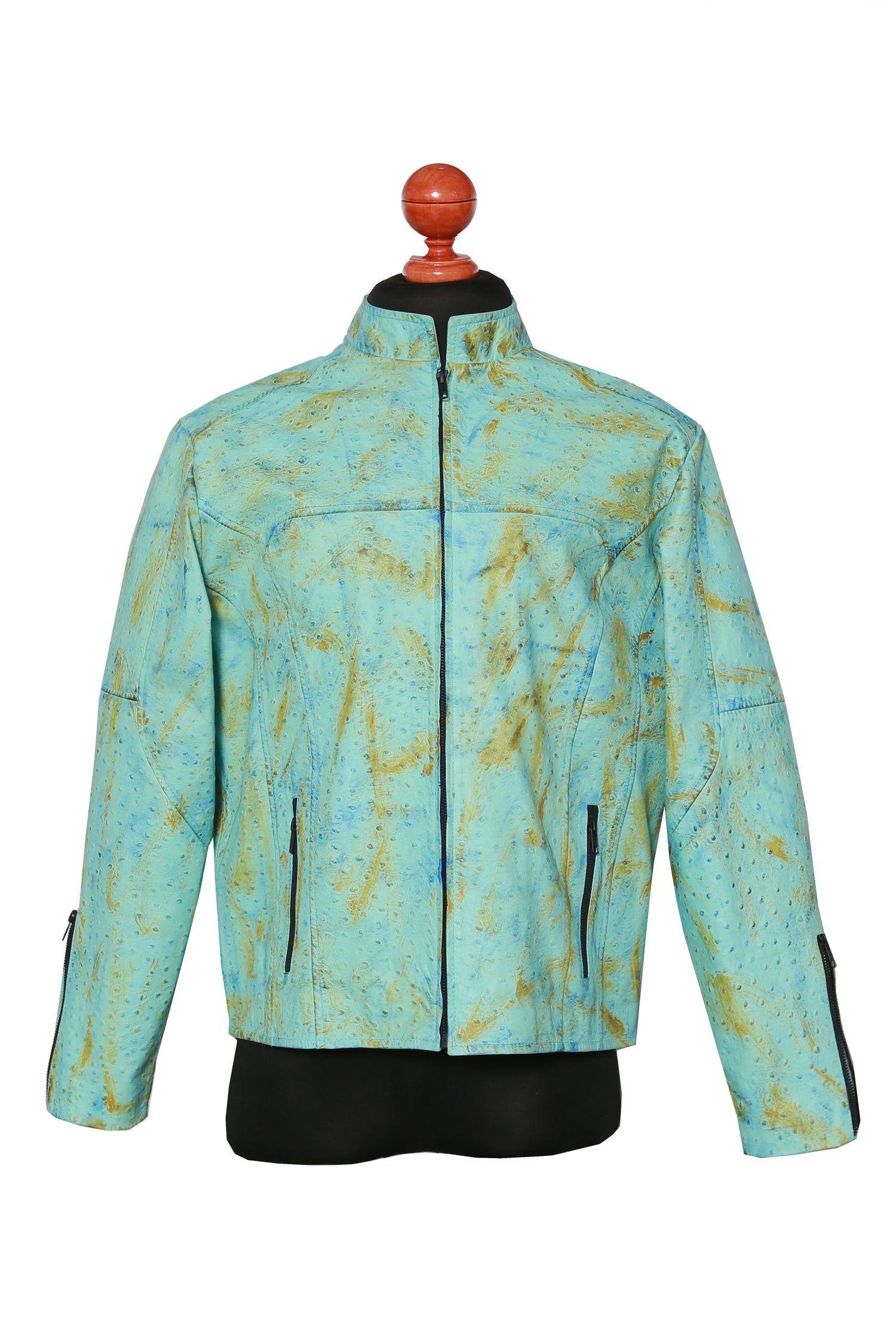 Aqua Sky Ostrich Leather Jacket – Bold Quill Texture with Golden Accents