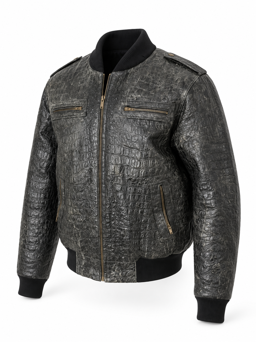 Men's Crocodile Embossed Leather Jacket – Distressed, Vintage Bomber Style