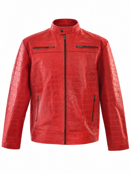 Red Crocodile-Embossed Leather Biker Jacket for Men