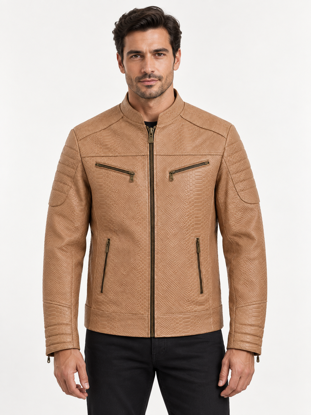 Men's Light Tan Reptile-Embossed Leather Moto Jacket